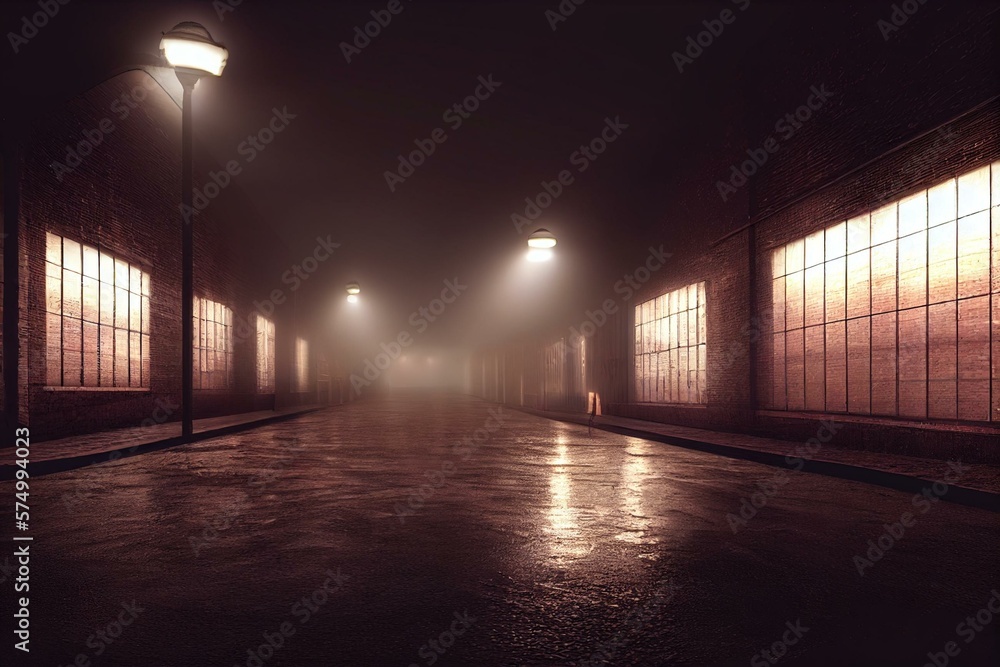 Dark factory warehouse alley at night. Generative AI - obrazy, fototapety, plakaty 
