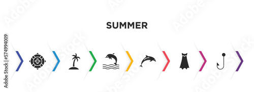 summer filled icons with infographic template. glyph icons such as lifeguard, island with palm trees, dolphin on water waves, jumping dolphin, dress, fish and hook vector.
