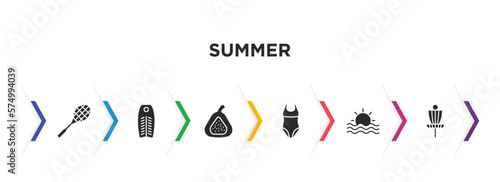 summer filled icons with infographic template. glyph icons such as rackets, bodyboard, fig, swimsuit, sun at sea, disc golf vector.