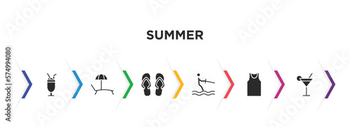 summer filled icons with infographic template. glyph icons such as milkshake, beach chair, pair of flip flops, waterski, sleeveless, bar vector.