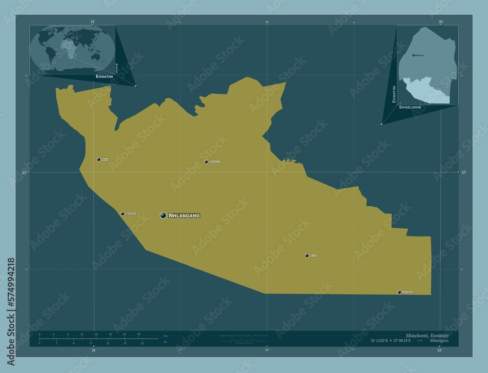 Obraz premium Shiselweni, Eswatini. Solid. Labelled points of cities