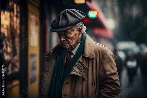 Street photography of a sad old man looking down