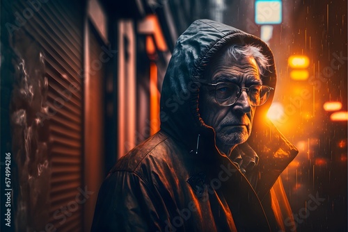 Street photography of an old man in a cinematic lighting