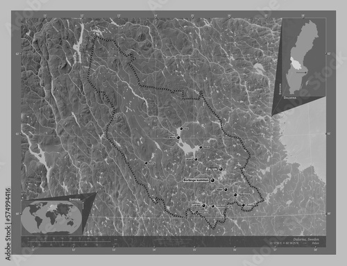 Dalarna, Sweden. Grayscale. Labelled points of cities photo