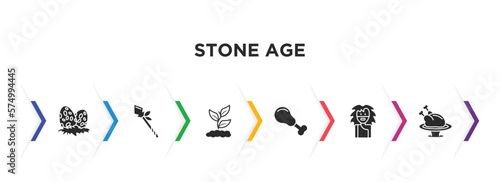 stone age filled icons with infographic template. glyph icons such as diaur egg, spear, plant, chicken leg, troglodyte, roast chicken vector.