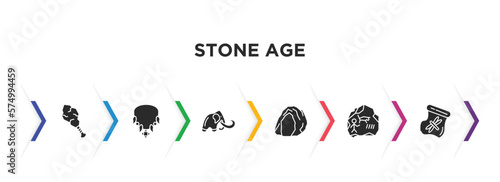stone age filled icons with infographic template. glyph icons such as cudgel, amulet, mammoth, cave, rock art, dried insect in amber vector.