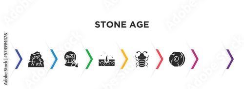 stone age filled icons with infographic template. glyph icons such as cave painting, stonehenge, skin, arthropod, venus of willendorf, wheel vector.