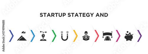 startup stategy and filled icons with infographic template. glyph icons such as overcome, strategy choice, attractive, new product, finish line, piggybank vector.
