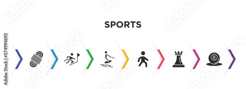 sports filled icons with infographic template. glyph icons such as climbing with rope  winning the race  water ski  pedestrian walking  tower from a chess  pool ball vector.