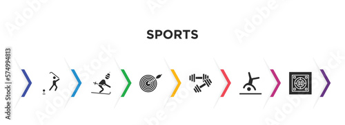 sports filled icons with infographic template. glyph icons such as golf player hitting, skiing down hill, dartboard and dart, dumbbell for training, cartwheel, dohyo vector.