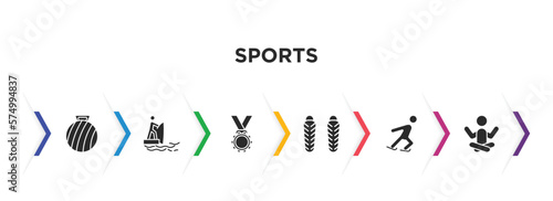 sports filled icons with infographic template. glyph icons such as exercise ball, fisher fishing, golden medal, shin guards, ice skating, yoga posture vector.