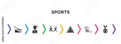 sports filled icons with infographic template. glyph icons such as scuba diving, pencak silat, excercise, left bend, sprained ankle, weight lifting medal vector.