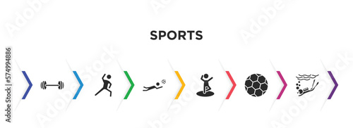 sports filled icons with infographic template. glyph icons such as gym weight, stretching, volleyball motion, dancing motion, football ball, snow slide zone vector.
