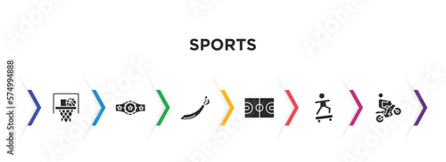 sports filled icons with infographic template. glyph icons such as basketball basket, champion belt, saber, basketball court, boy with skatingboard, motocross vector.
