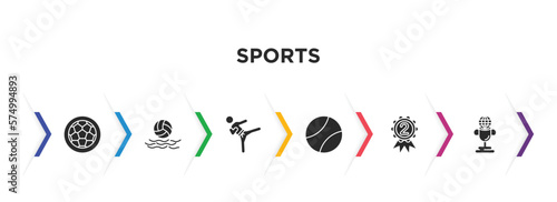 sports filled icons with infographic template. glyph icons such as football ball circular, waterpolo, karate fighter, tennis sport ball, second prize, world cup vector.