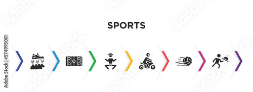sports filled icons with infographic template. glyph icons such as flying shoes, hockey arena, wushu, motorbike riding, volleyball ball, waiter falling vector.