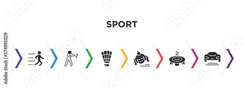 sport filled icons with infographic template. glyph icons such as trail running, kickboxing, shuttlecock, sumo, trampolining, formula racing vector.