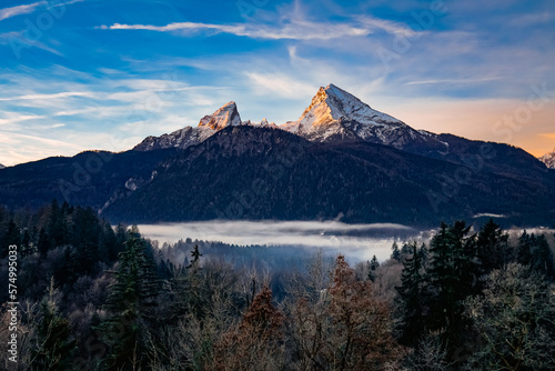 Winter mountain sunrise in the German Alps at Berchtesgaden Watzmann