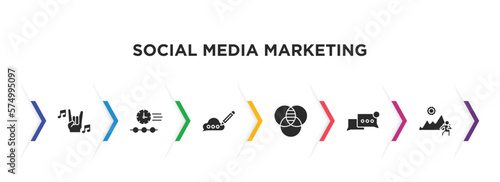 social media marketing filled icons with infographic template. glyph icons such as rocker, timeline, feedback, overlap, chat box, recreational vector.