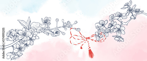 Lineart vector cherry blossoms branch with red and white Martisor string on pastel watercolor background