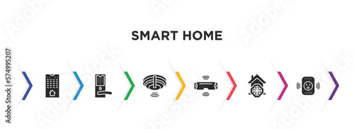 smart home filled icons with infographic template. glyph icons such as smart home console, handle, fire alarm, vr technology, cool, smart plug vector.