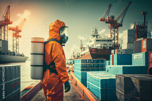 A man in a biosecurity suit in the port against the background of cranes, ships and cargo containers. Toxic chemical, bacteriological and radioactive substances. Transportation photo
