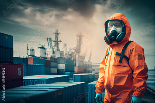 A man in a biosecurity suit in the port against the background of cranes, ships and cargo containers. Toxic chemical, bacteriological and radioactive substances. Transportation photo