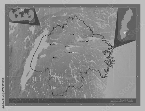 Ostergotland, Sweden. Grayscale. Labelled points of cities photo