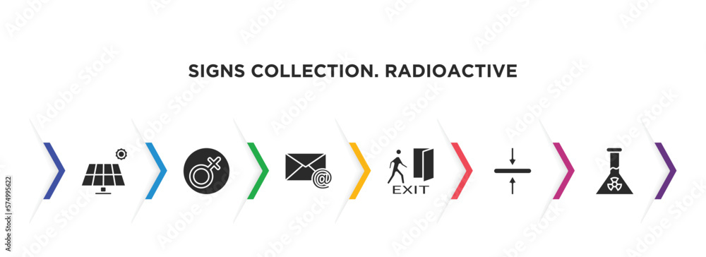 signs collection. radioactive filled icons with infographic template. glyph icons such as panels, femenine, mail, emergency exit, align, radioactive elements vector.