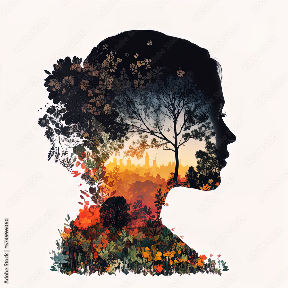 Abstract double exposure portrait of beautiful young woman face with