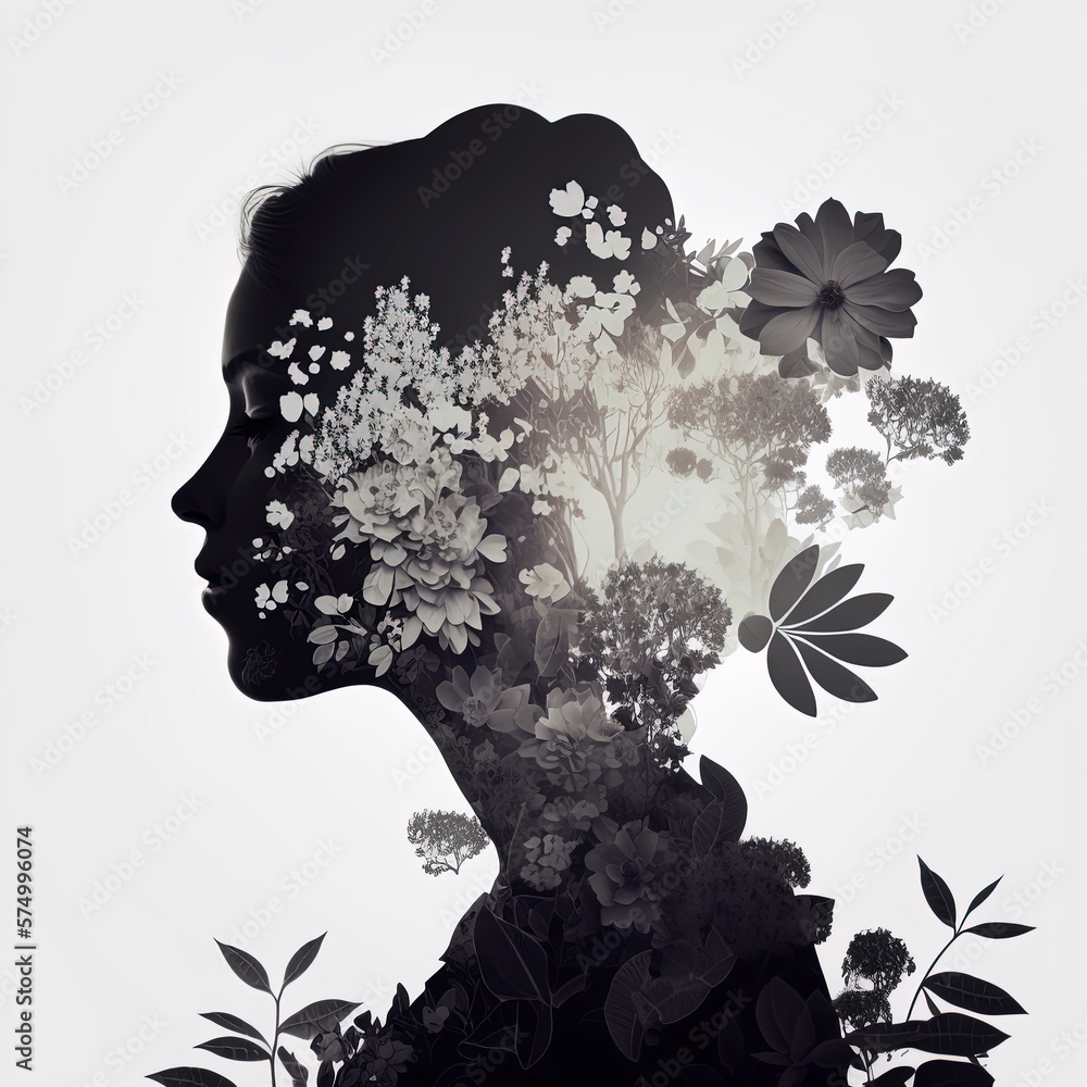 Abstract double exposure portrait of beautiful young woman face with