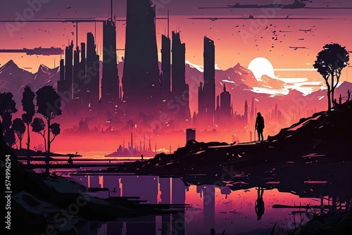 colorful city capital landscape view , sillhoute style landscape design illustration. Creative art background. Generative AI