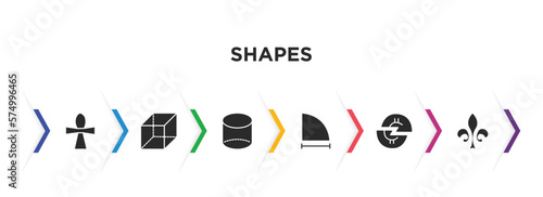 shapes filled icons with infographic template. glyph icons such as christian cross, rectangular prism, cylinder volumetrical, radius of circle, halving, fleur de lis vector.