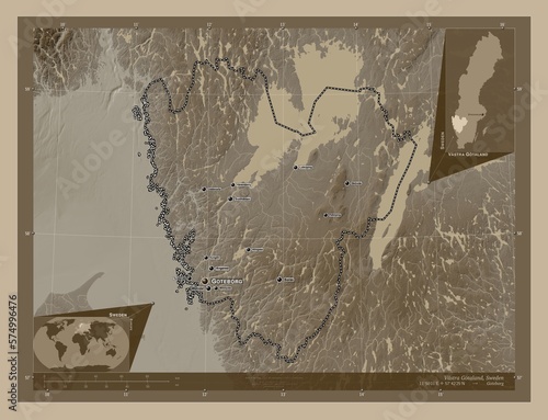 Vastra Gotaland, Sweden. Sepia. Labelled points of cities photo