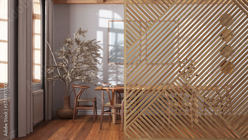 Fototapeta Naklejka Na Ścianę i Meble -  Wooden panel close-up, farmhouse wooden dining room in boho style. Dining table with chairs. Contemporary interior design concept idea