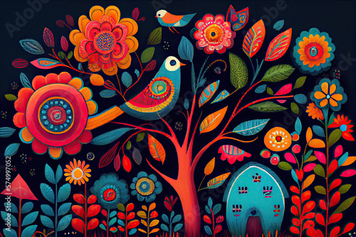 Flowers in vibrant spring colors in folk art style