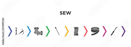 sew filled icons with infographic template. glyph icons such as stiching, spool, pin sew, wire coil, measuring, crochet hook vector.