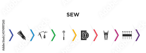sew filled icons with infographic template. glyph icons such as glue stick, threading, overstitch, buttonhole, clothespin, of pins vector.