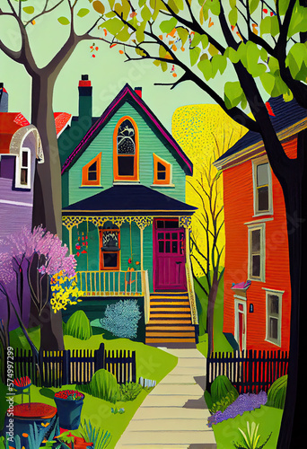 Neighborhood of vibrant spring colors in folk art style.