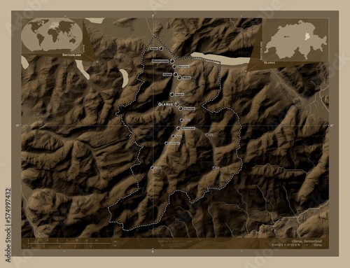 Glarus, Switzerland. Sepia. Labelled points of cities photo