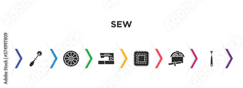 sew filled icons with infographic template. glyph icons such as tracing wheel, spokes, new sewing hine, patch, sewing box, ripper vector.