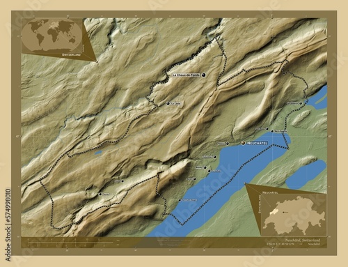 Neuchatel, Switzerland. Physical. Labelled points of cities photo