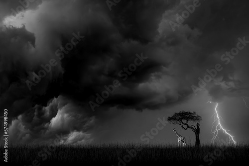 Giraffe under a tree against a background of a stormy sky with lightning