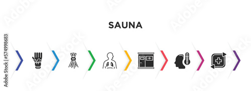 sauna filled icons with infographic template. glyph icons such as mottled skin, birching, respiration, infrared heat cabin, body heat gain, regeneration vector.