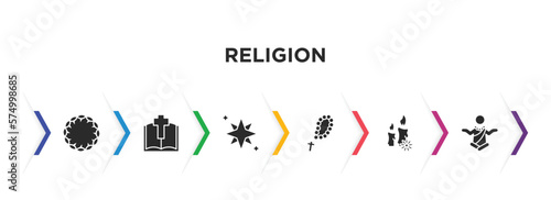 religion filled icons with infographic template. glyph icons such as crown of thorns, gospel, holy star, rosary, candles, monk vector.