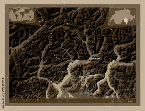 Ticino, Switzerland. Sepia. Labelled points of cities photo