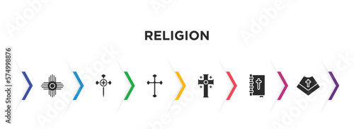 religion filled icons with infographic template. glyph icons such as native american sun, aaronic order church, catholicism, greek cross, holy scriptures, mantle vector.