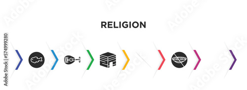 religion filled icons with infographic template. glyph icons such as sujud posture, inclined fish, oud, kaaba, crusade, ramadan fasting vector.
