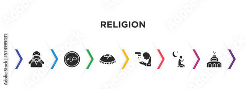 religion filled icons with infographic template. glyph icons such as adhan call, haram, yarmulke, islamic ghusl, maghrib prayer, small mosque vector.