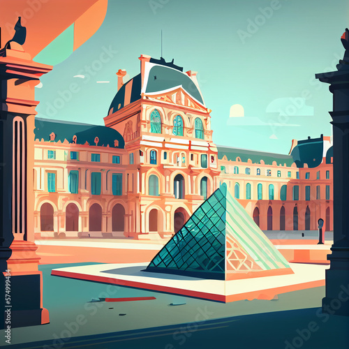 Valokuvatapetti view of Musee du Louvre, cartoon style, flat design, generative ai